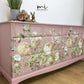 Refinished Stag Minstrel Captains Chest Of Drawers In Dusky Pink With Floral Design, large drawers, sideboard