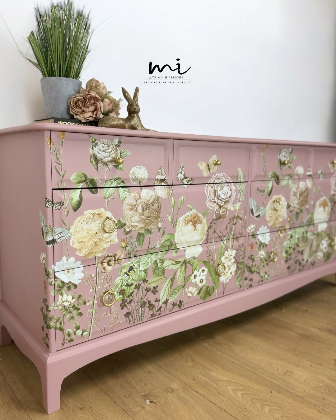 Refinished Stag Minstrel Captains Chest Of Drawers In Dusky Pink With Floral Design, large drawers, sideboard