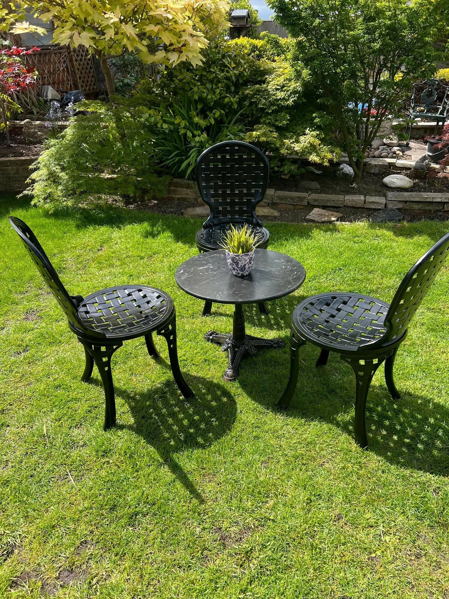 Black Vintage Three Seater Patio Set with Marble Topped Table