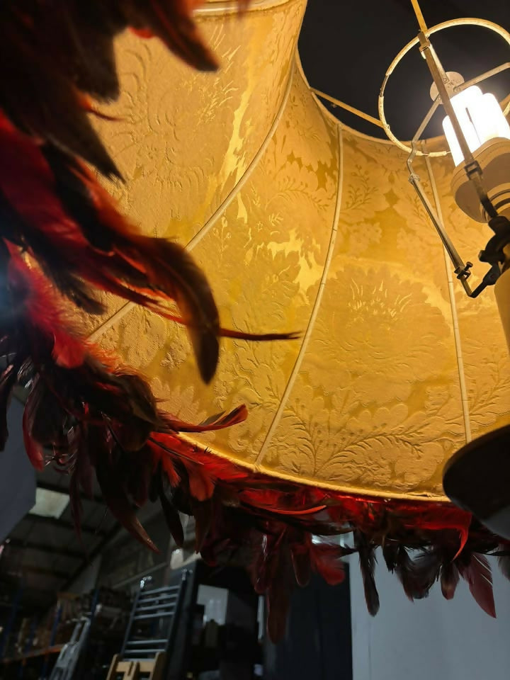 Vintage Carved Standard Lamp with Handmade Feather Shade