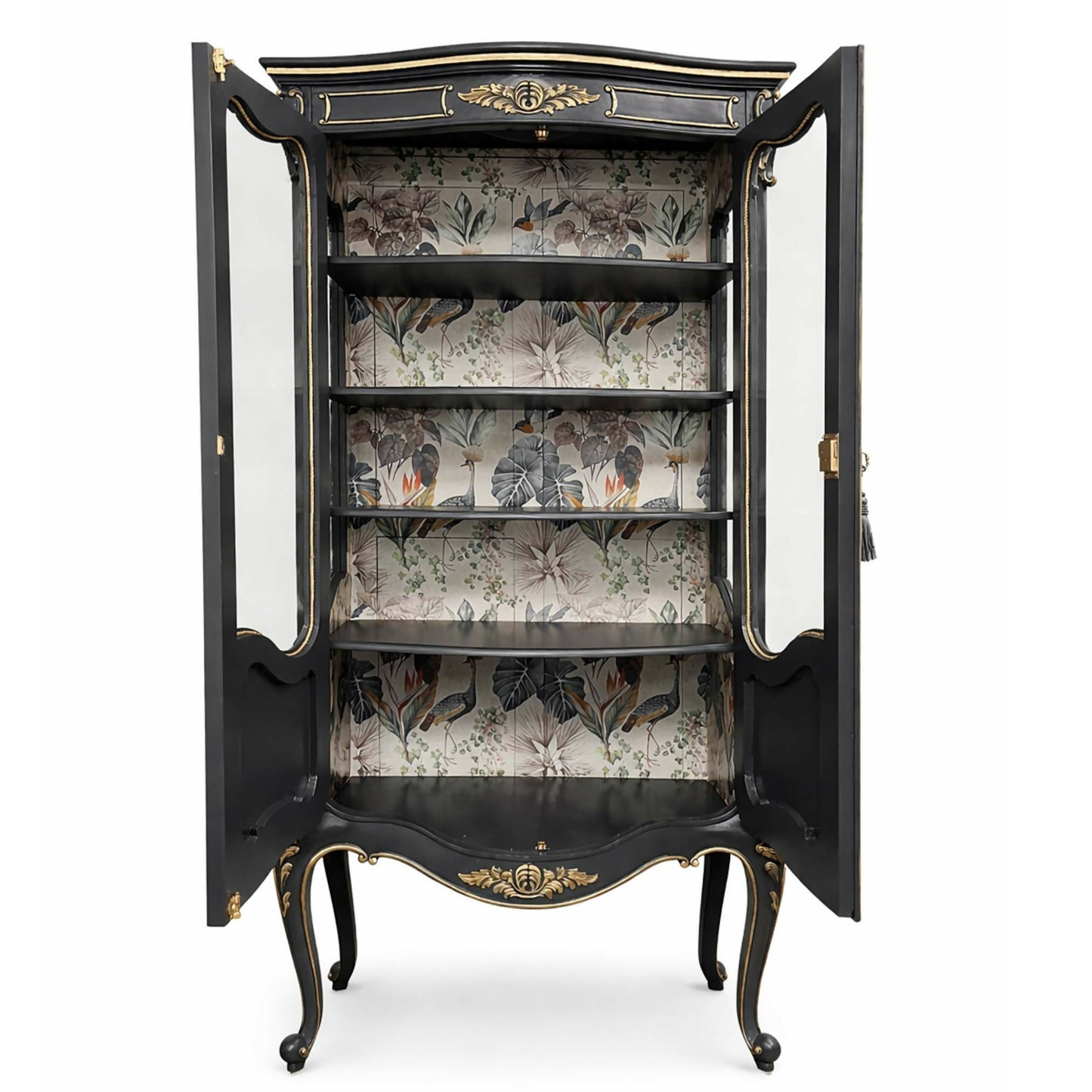 French-style black and gold glazed vitrine display cabinet, doors open