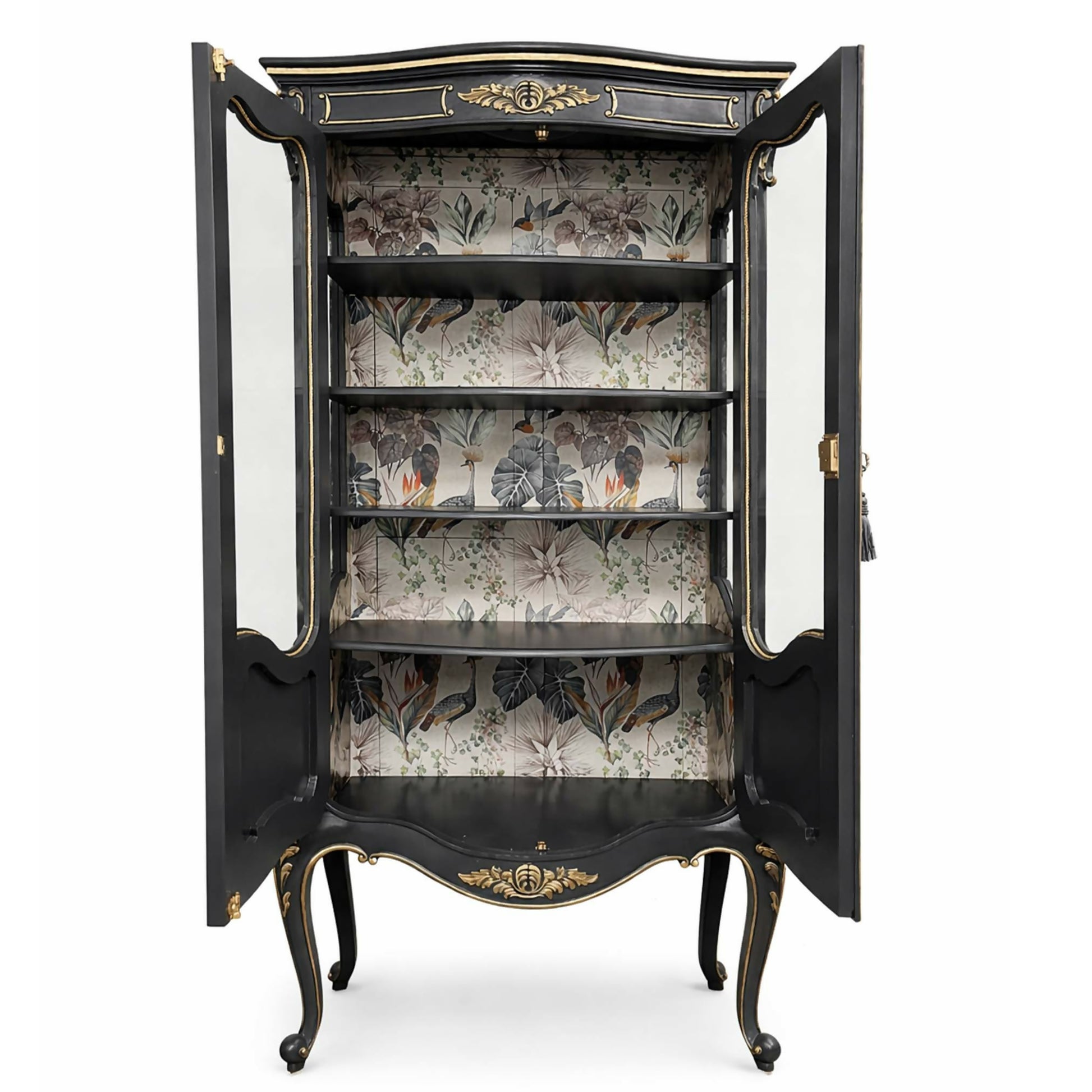 French-style black and gold glazed vitrine display cabinet, doors open