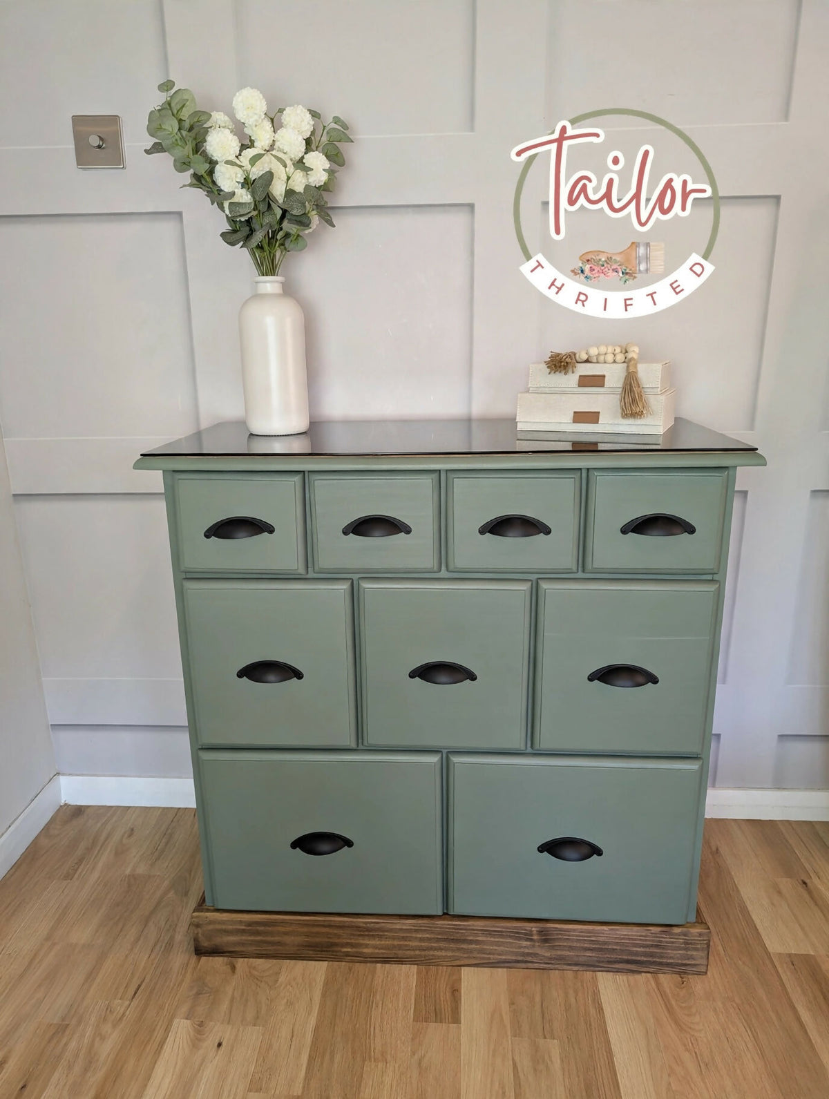 Professionally Upcycled 9-Drawer Captain's Chest – Sage Green & Dark Wood