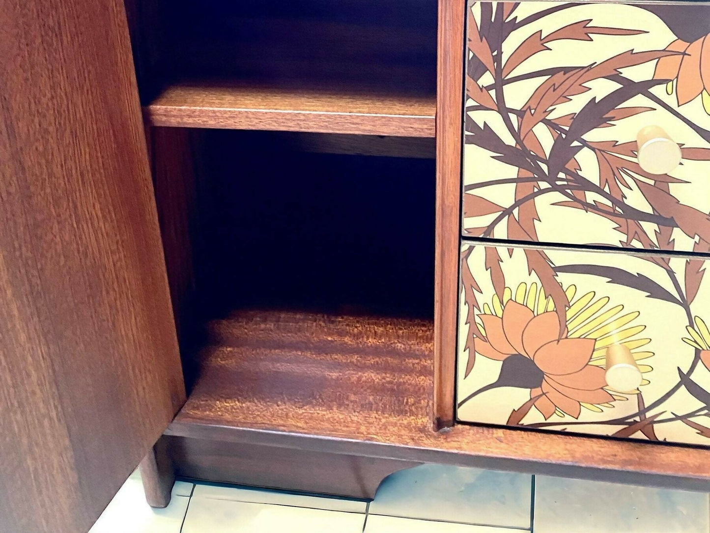 Upcycled Vintage Mid Century Sideboard, Tv Unit , 1970's Floral Print , Living Room, Dining Room Storage.