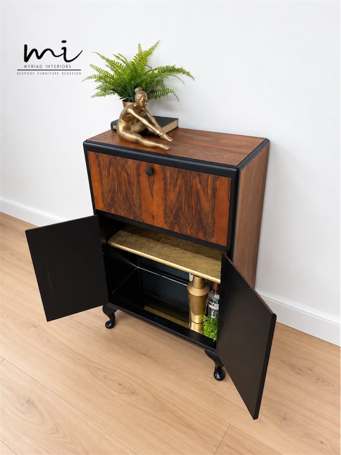 Refurbished Petit Art Deco Burl Walnut Cocktail Cabinet, black and gold drinks cabinet