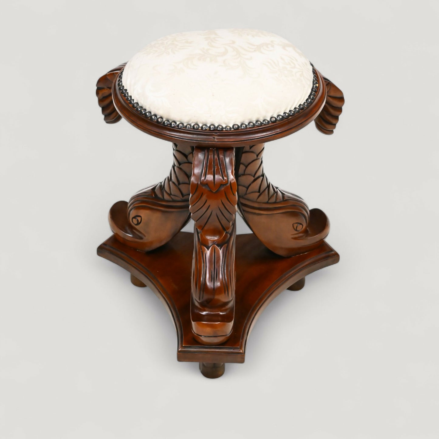 Chinese Dressing Stool Fish Carvings Studded Upholstered Seat FREE UK Delivery. SBR10753/2307E