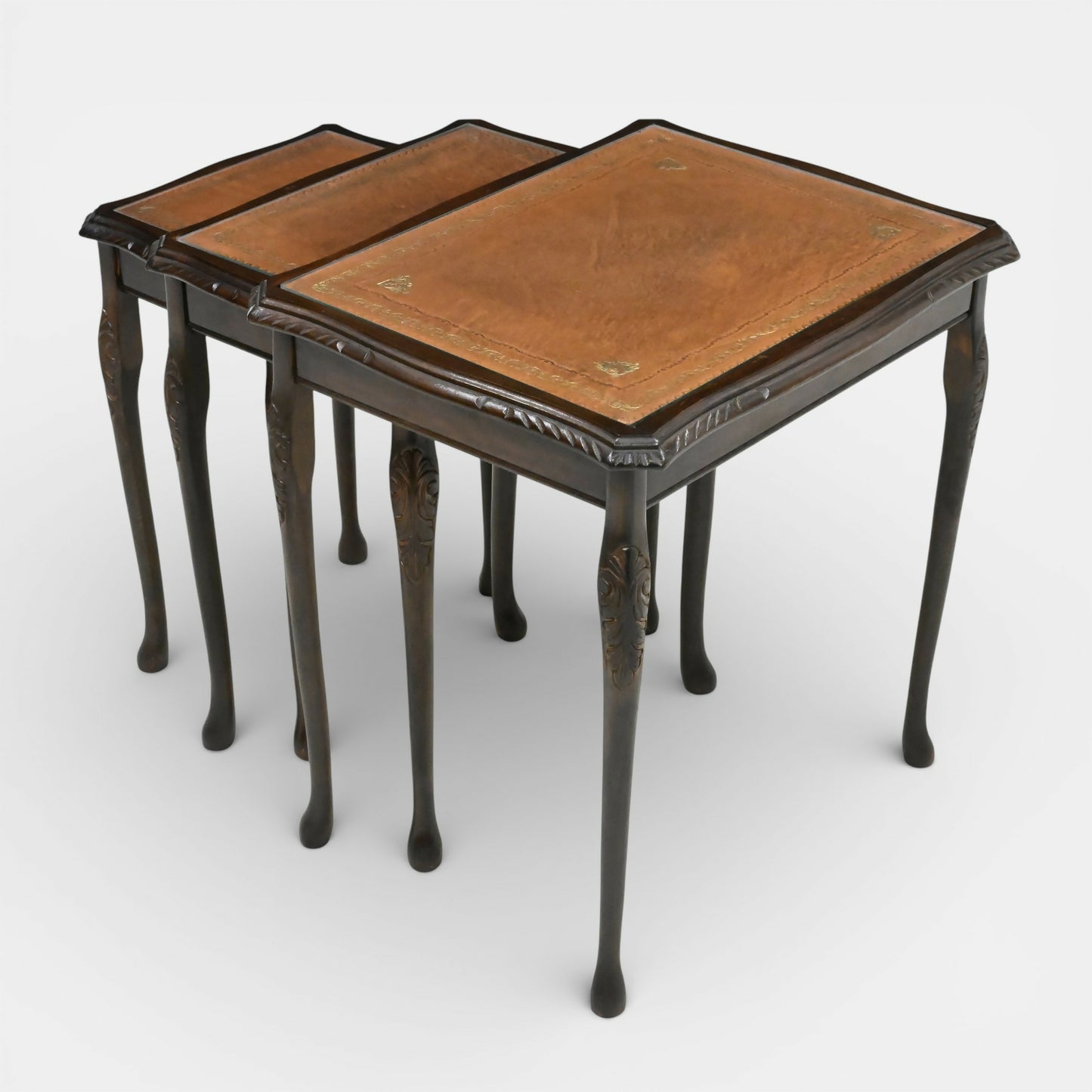 Tall Nest Of Tables Queen Anne Cabriole Legs Leather Glass Top FREE UK* Delivery. SBR11061/2010E