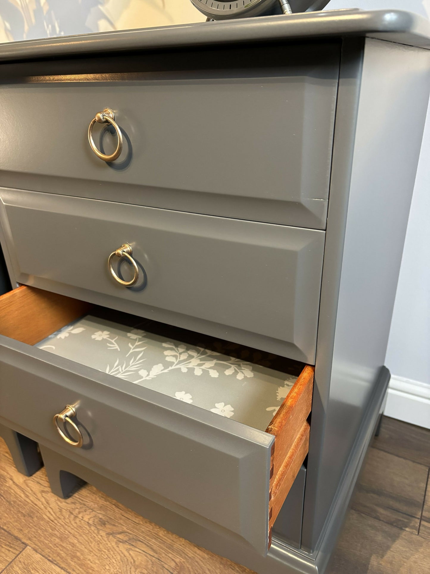 A Pair of Stag Minstrel Bedside Tables in Graphite Grey | Vintage Mid Century Nightstands