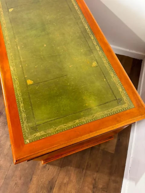 Reproduction Yew Wood Pedestal Desk with Green Leather