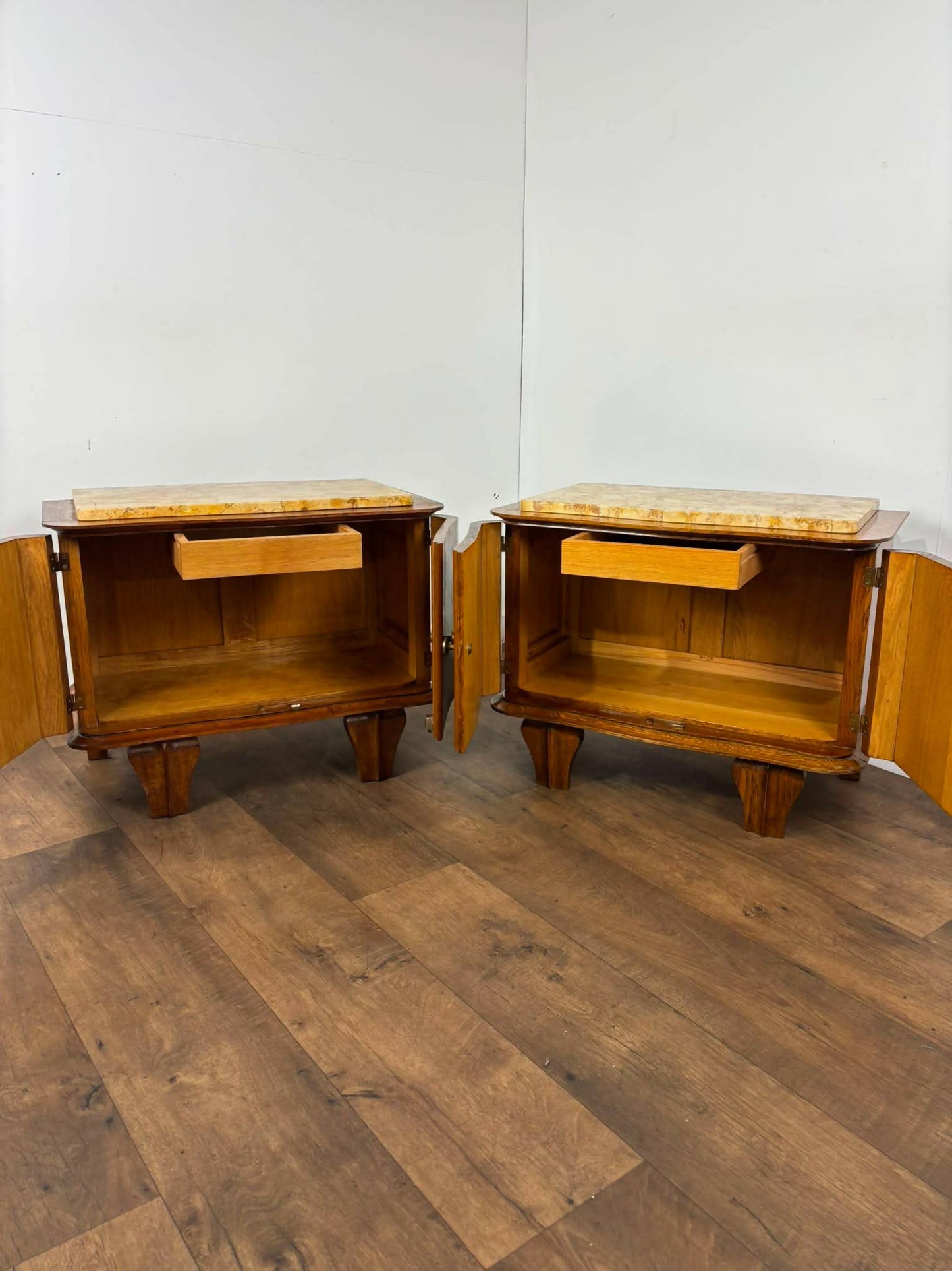 Pair of French Art Deco Oak Bedside Cabinets with Marble Tops