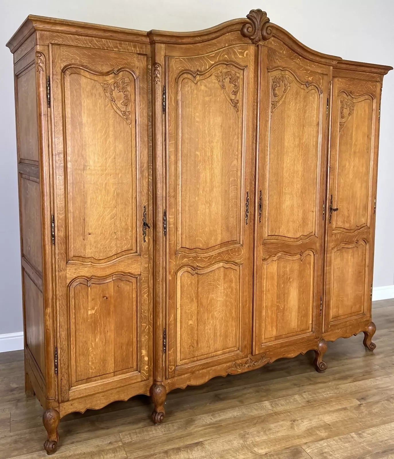 Wardrobe Vintage French Louis XVI Style Oak Four Door Carved Armoire LOT 6099