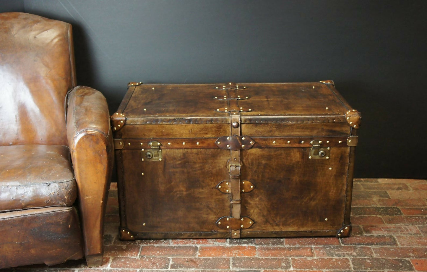 Handmade handcrafted luxury belted coffee table trunk