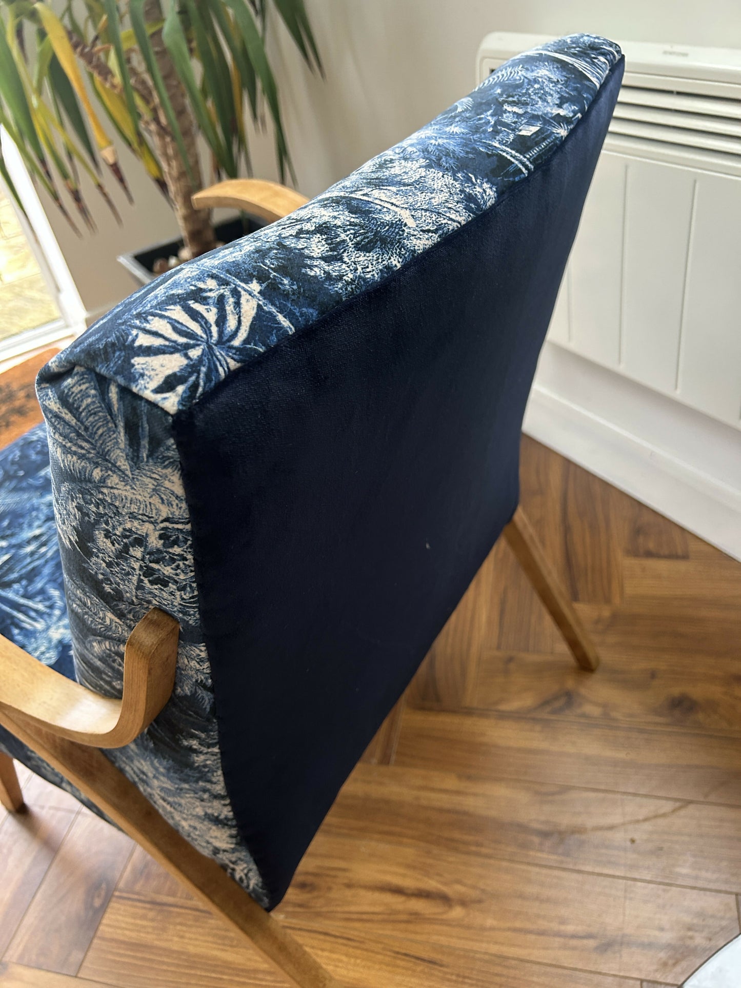 Mid-Century Armchair with Sculptural Oak Frame, Reupholstered in Linwood Velvet, c.1950s