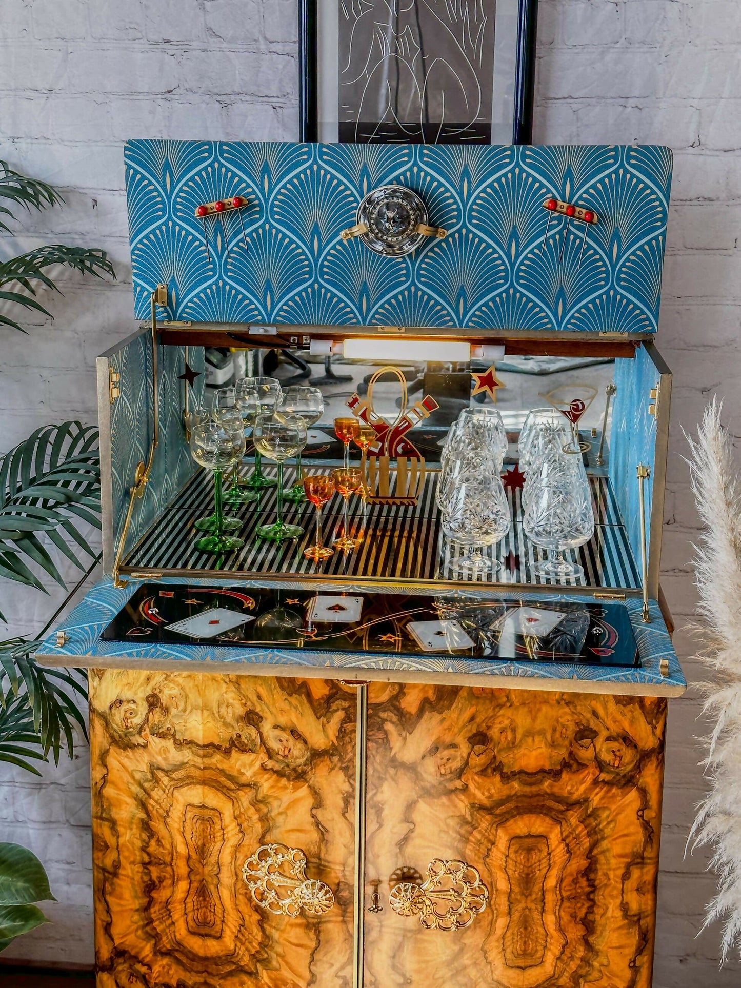 Cocktail Cabinet, Vintage Drinks Bar, Teal and Gold, Art Deco, 1950’s Drinks Unit, Retro Bar, Walnut MADE TO ORDER