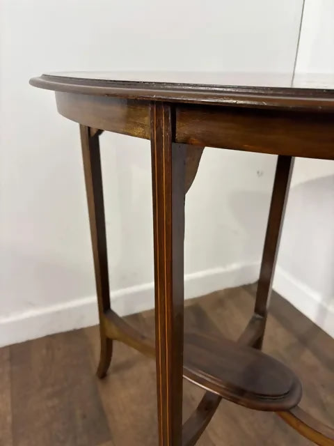 Edwardian Oval Mahogany Inlaid Occasional Table with Inlaid Stretcher Base