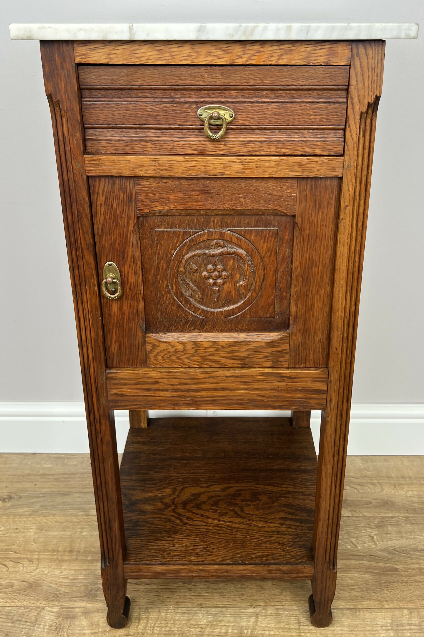 Bedside Table Antique French Style Marble Top Oak Cabinet Nightstand LOT 6244
