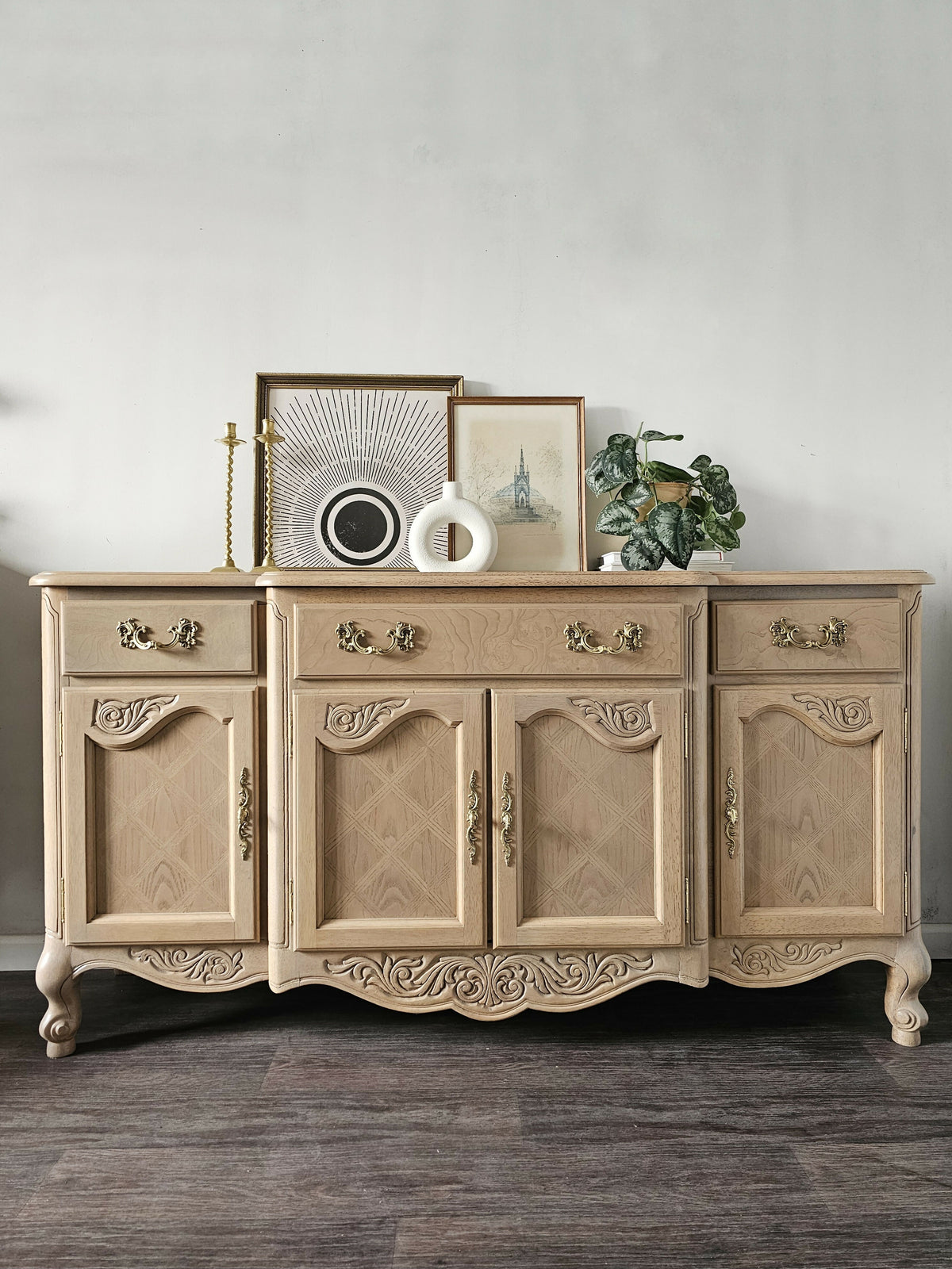 French Provincial Oak Buffet • Carved Details, Original Hardware, Satin Finish