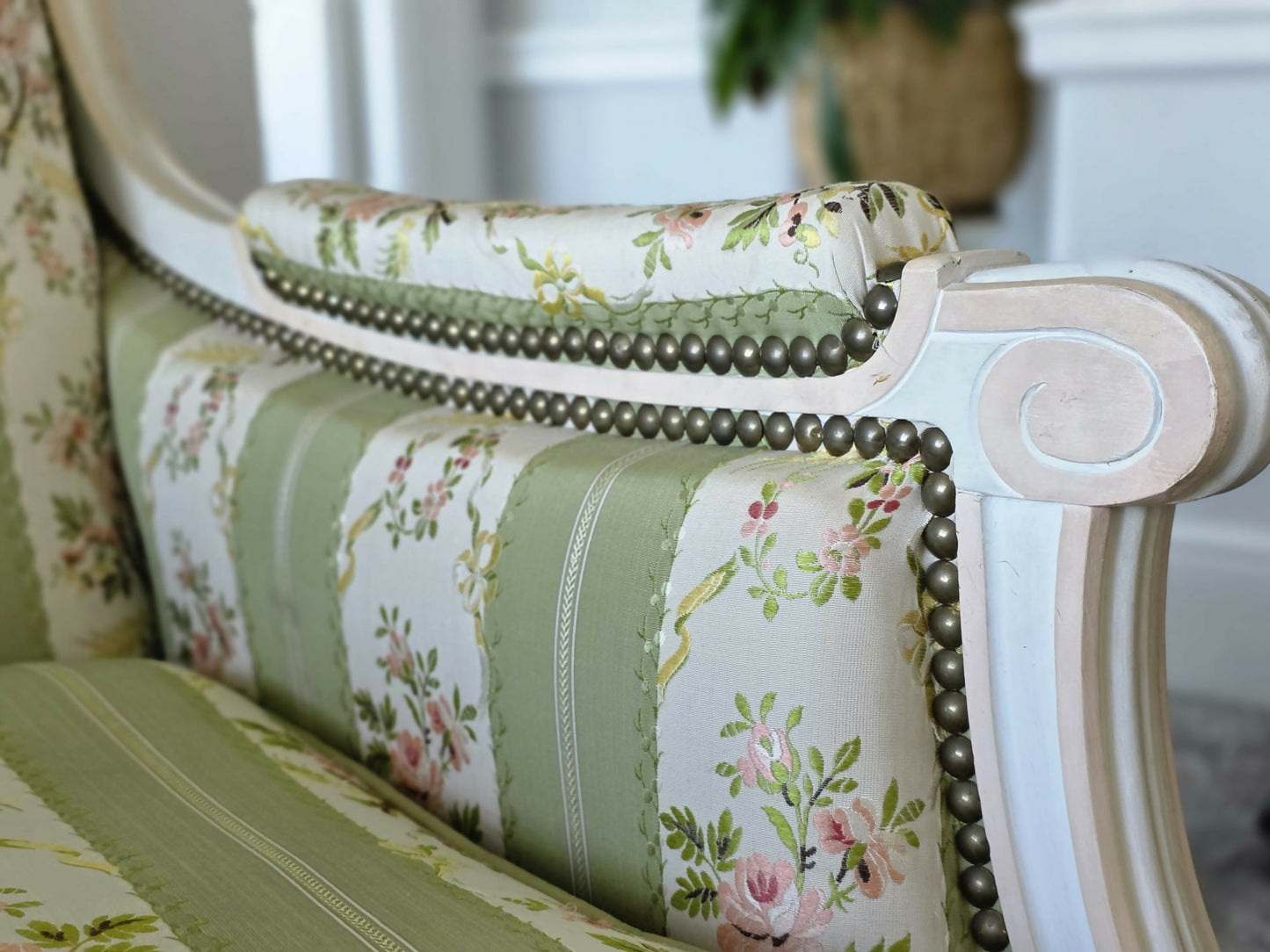 A Pair of French, Louis XVI Bergere Armchairs. Upholstered in French Embroidered Silk Upholstery Fabric