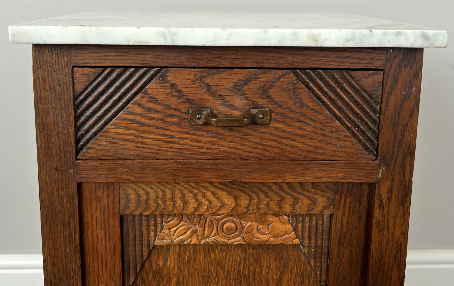 Bedside Table Antique French Marble Top Oak Cabinet Carved Cupboard LOT 6200