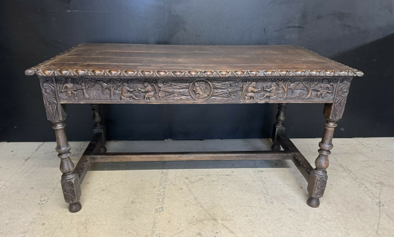 19th Century Carved Oak Table having drawers
