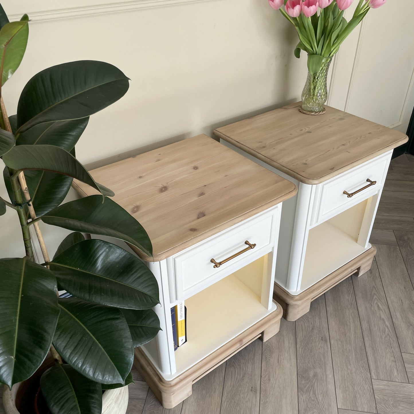 White Bedside Tables Pair | Solid Wood Nightstands with Drawer & Shelf | Hand Painted Vintage Side Tables | Bedroom Furniture Set
