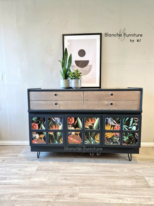 Large Nathan Sideboard in Navy Blue with Lined squares