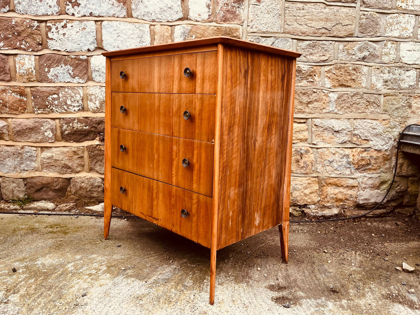 Mid-Century Teak Chest of Drawers – Vintage 4-Drawer Unit with Tapered Legs & Metal Pulls