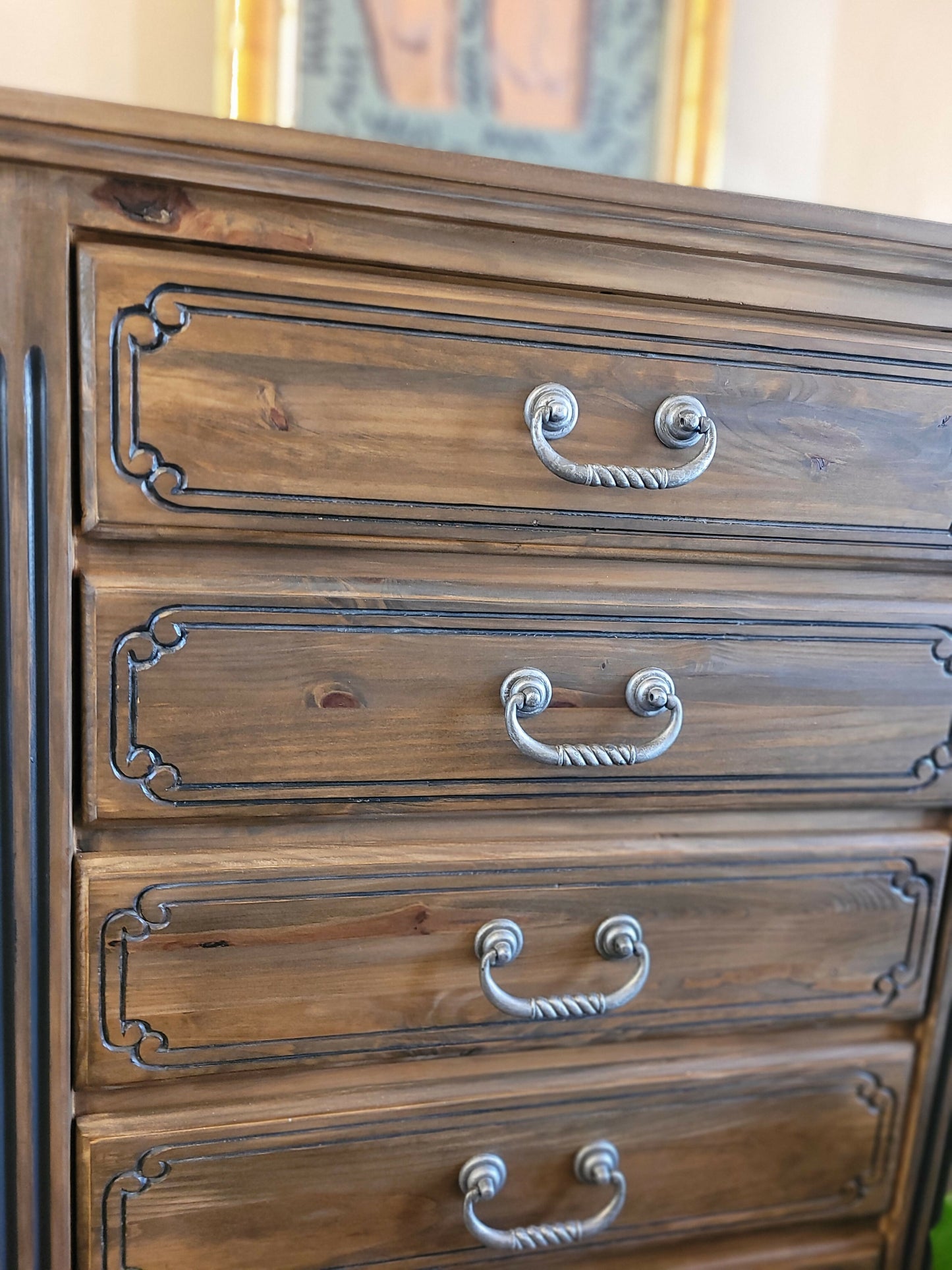 Vintage carved solid wood handmade chest of drawers
