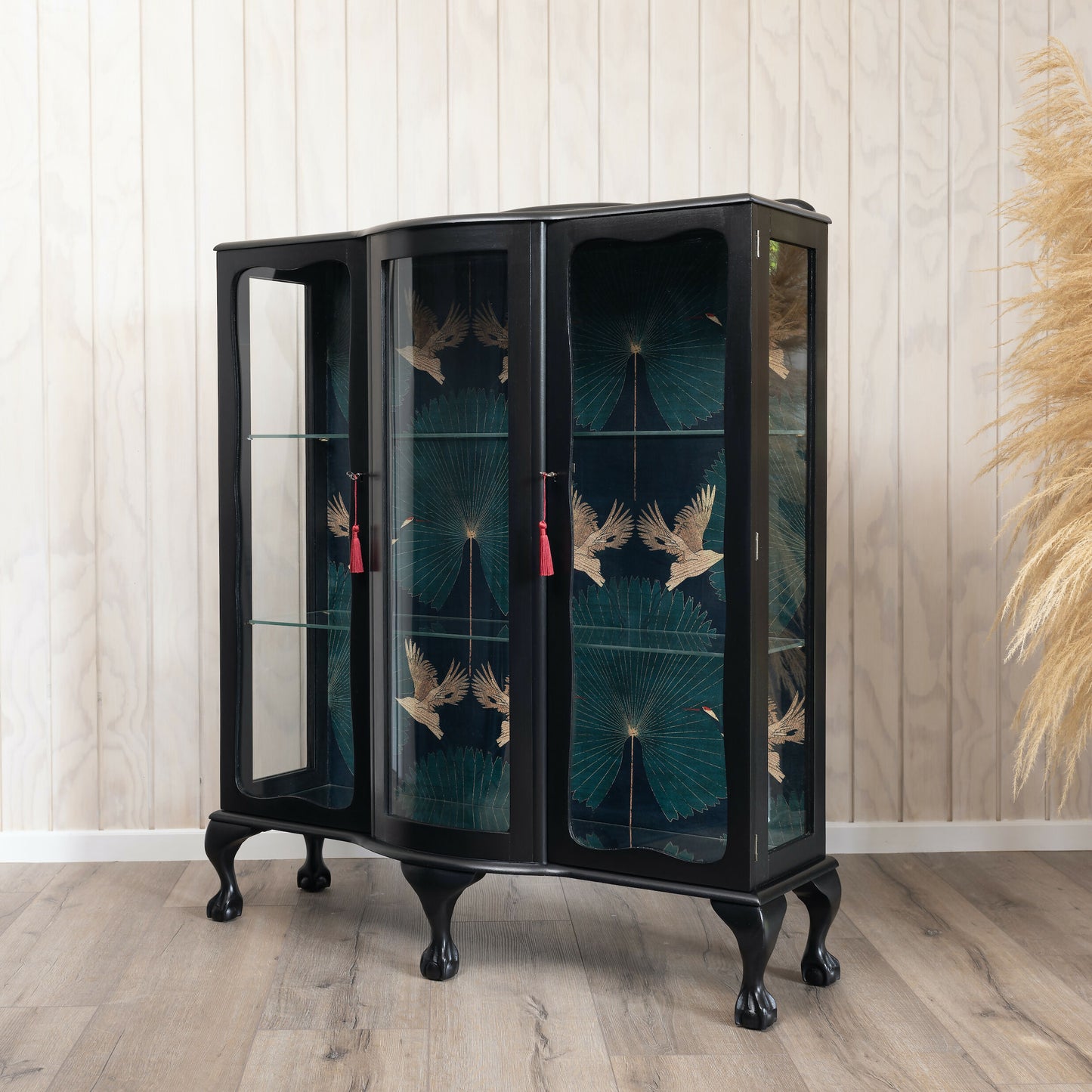 Available: Exquisite Art Deco drinks cabinet decoupaged in a striking blend of emerald green, subltle gold and black crane fabric.