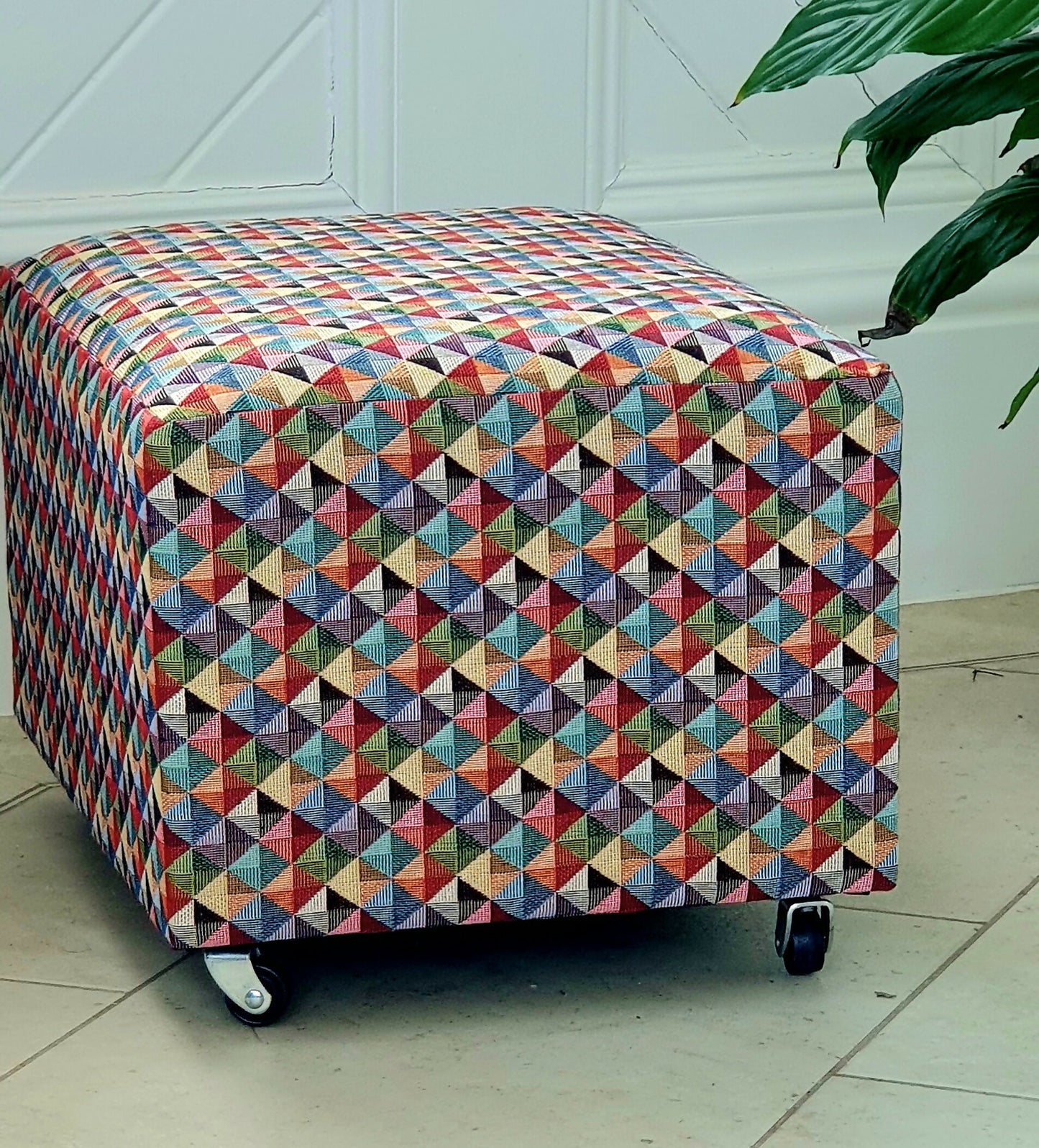Footstool Pouffe Ottoman on castors Rescued, Restored & Reupholstered in a Modern, Geometric Fabric.
