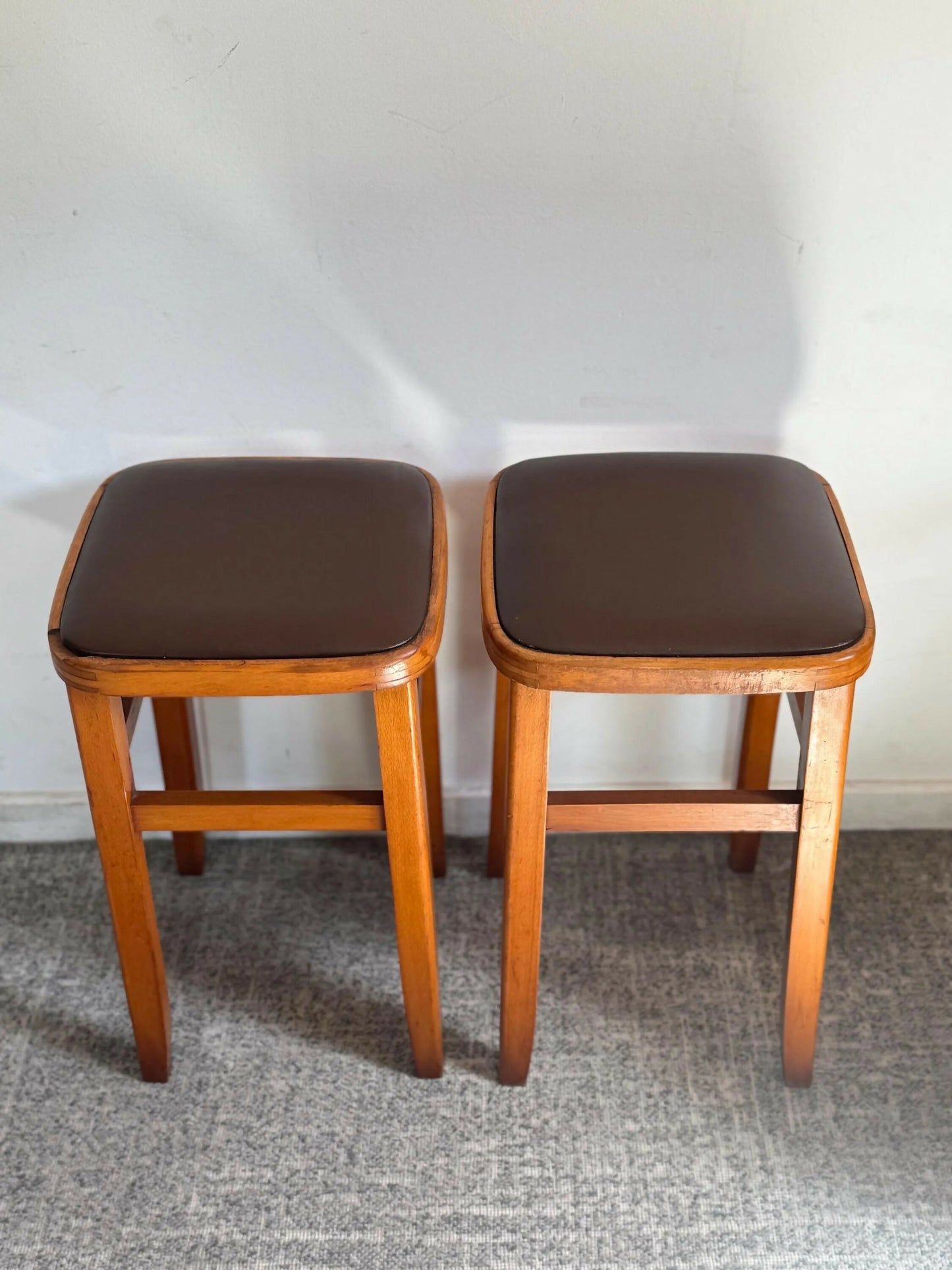 Mid century retro vintage stools wood vinyl brown