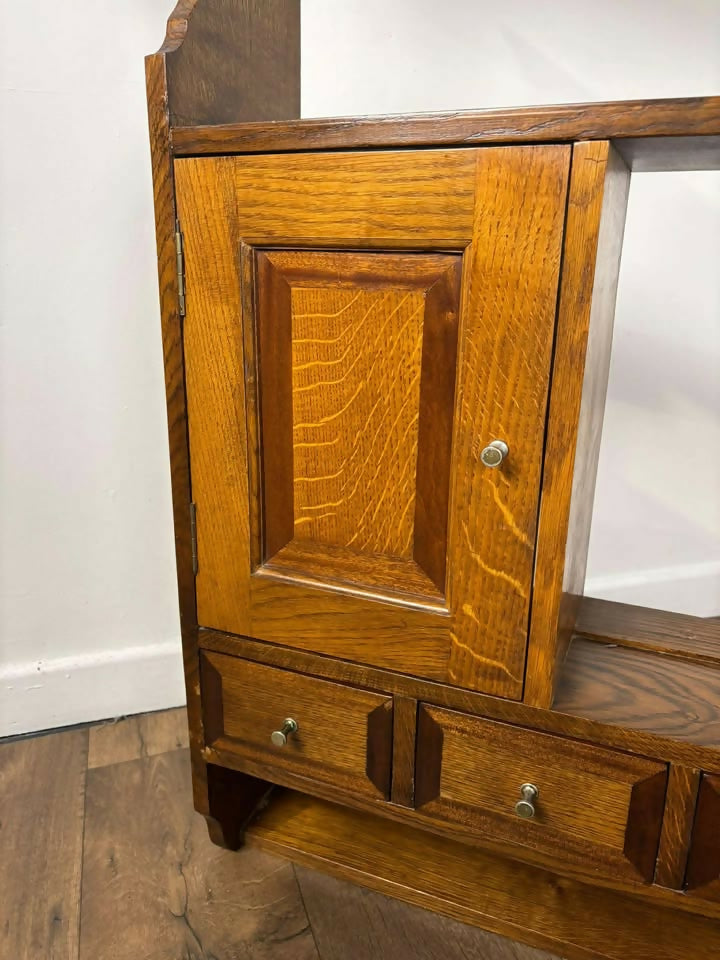 Vintage Oak & Mahogany Cross Banded Wall Shelves with Cupboards
