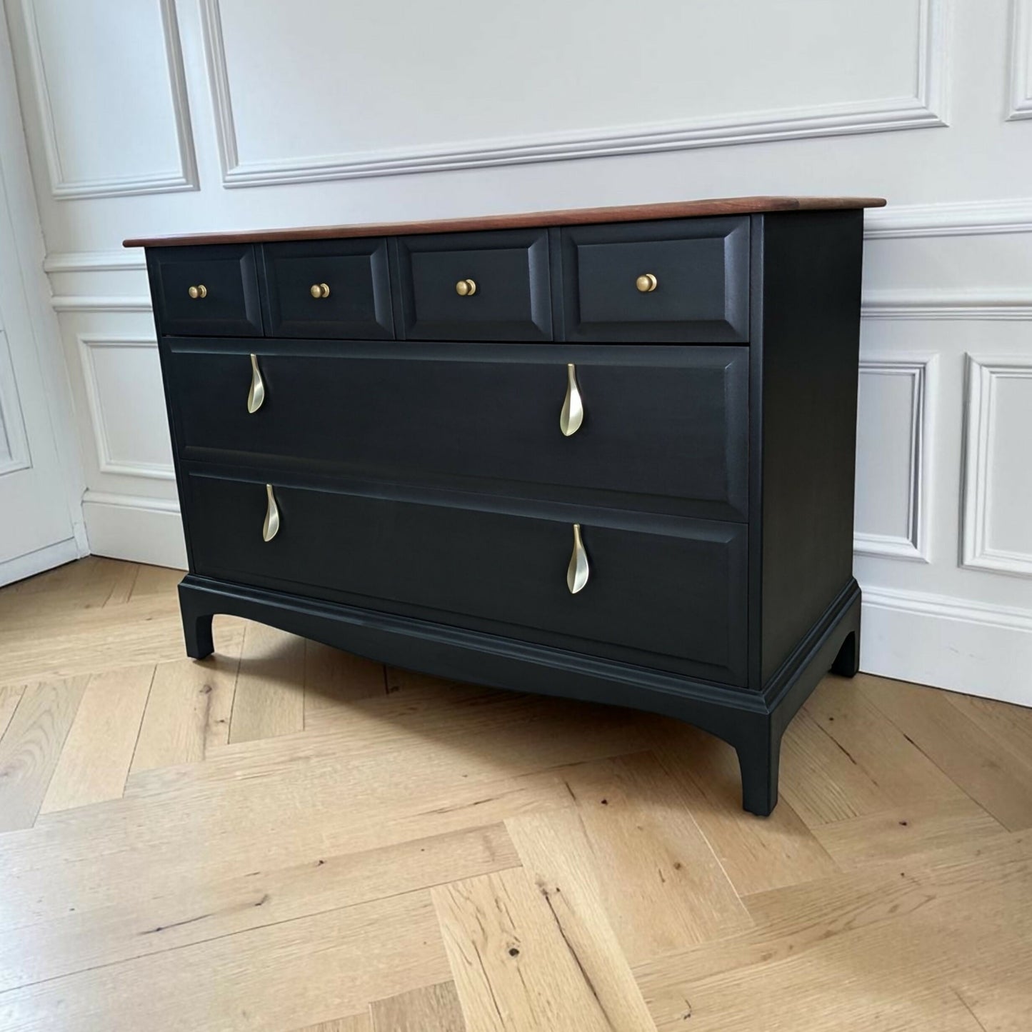Stag Mid-Century Modern Black Chest of Drawers, Cherry Wood, Gold Leaf Knobs