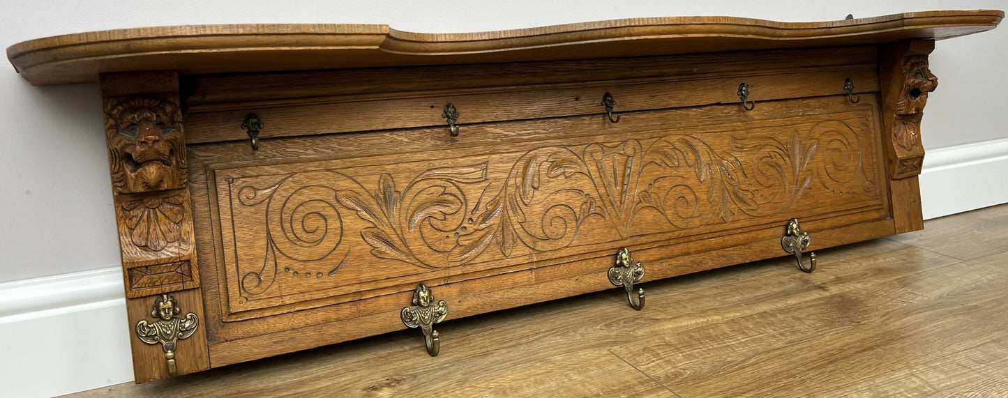 Coat Rack Antique French Carved Oak Wall Mounted 9 Hooks Rack Hanger LOT 6292