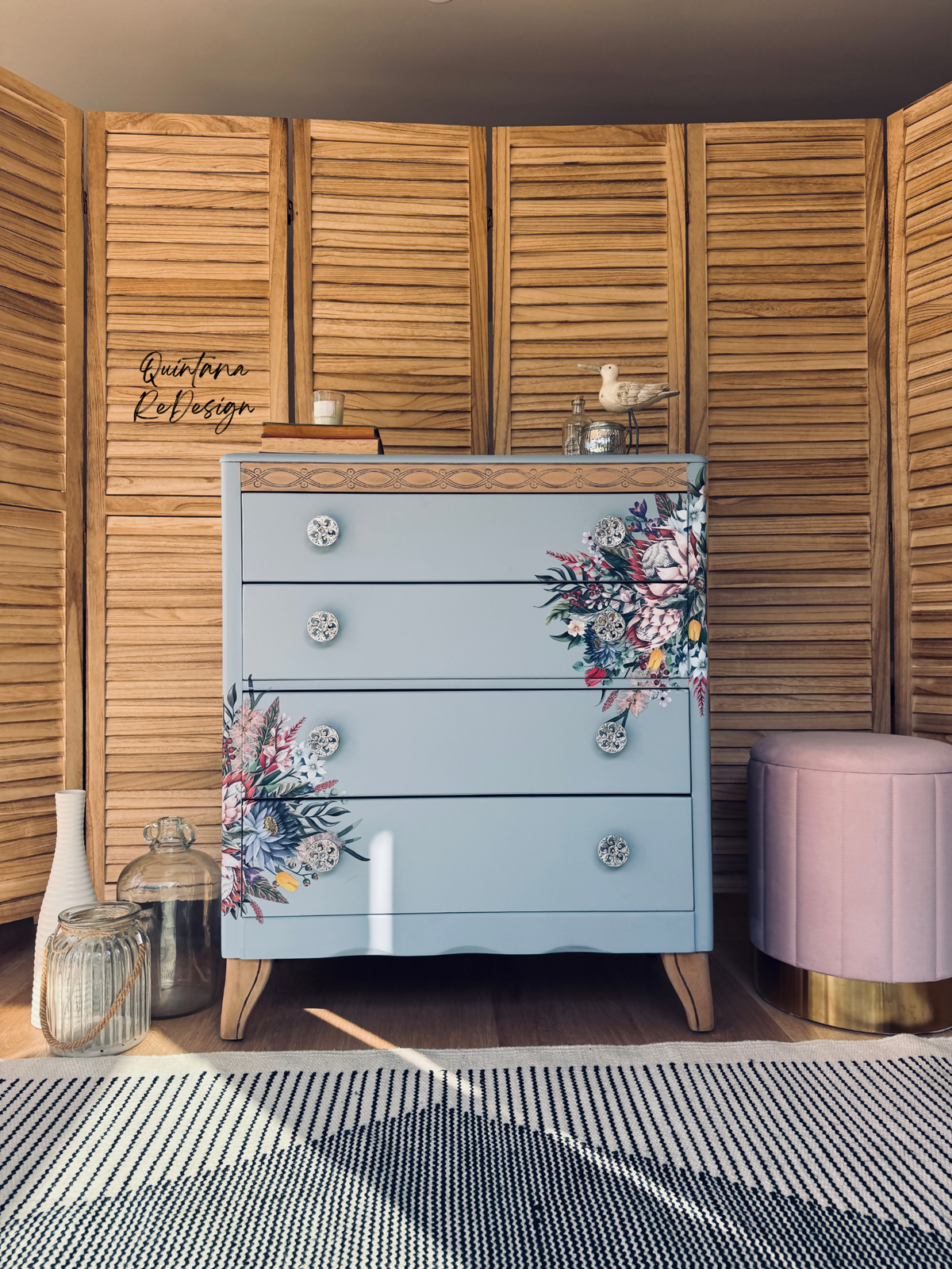 Harris Lebus Vintage Chest Of Drawers Painted Pale Blue with Floral Transfers Botanical