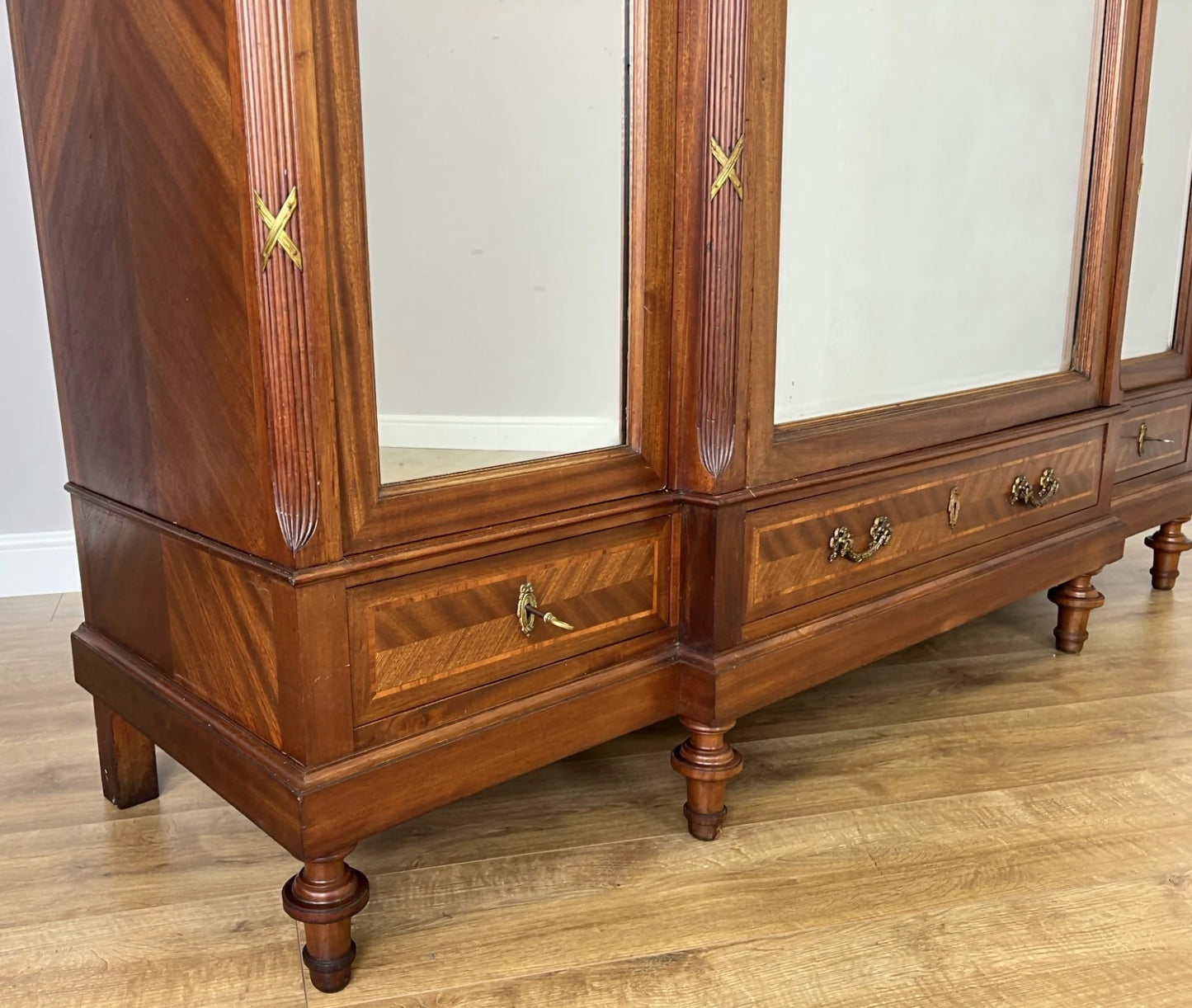 Wardrobe Antique French Style Three Door Inlaid Burr Mirrored Armoire LOT 6163