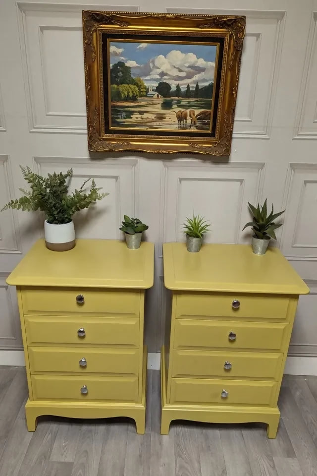 Profesionally Sprayed 2 X yellow Stag Minstrel 4 Drawer Bedside Tables (pair)