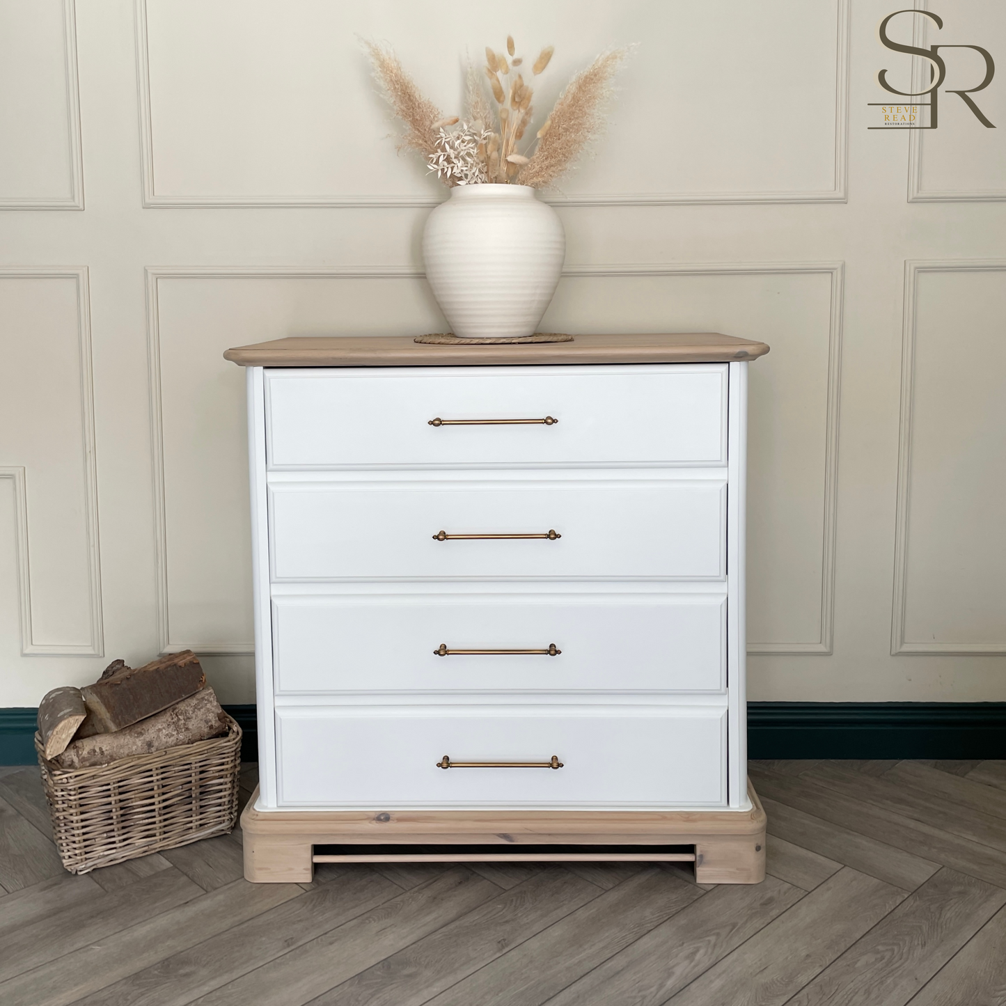 White Chest of Drawers Solid Wood | Hand Painted Vintage Dresser | Rustic Wood Top Bedroom Furniture | Modern Farmhouse Storage