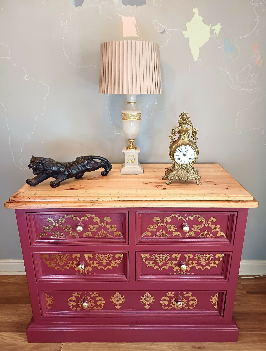 Upcycled Burgandy and Gold Chest of Drawers with Damask Design