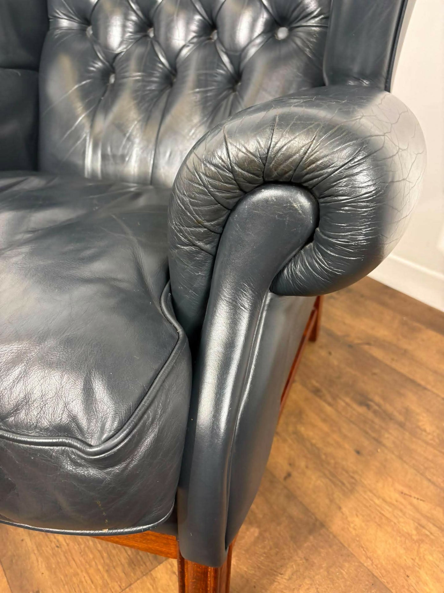 Blue Leather Chesterfield Style Wingback Armchair