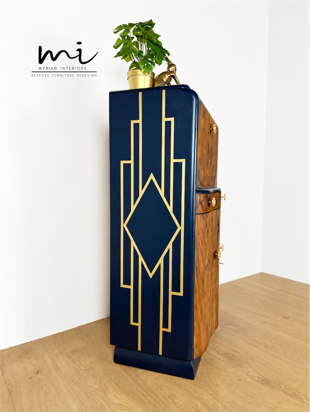 Navy Blue And Gold Art Deco Burl Walnut Cocktail Cabinet, Drinks Cabinet