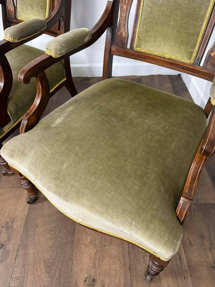 Pair Of Victorian Rosewood Inlaid Armchairs with Green Velvet Upholstery