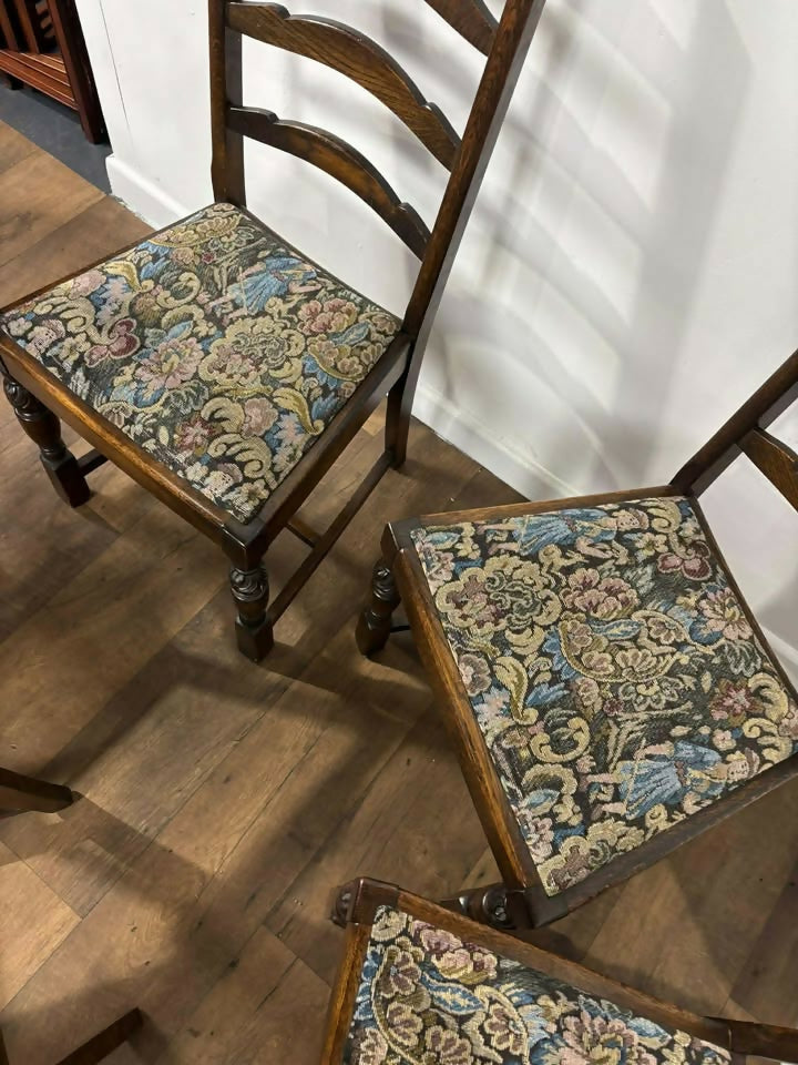 Vintage Set of Six Oak Ladder Back Dining Chairs – Including Two Carvers