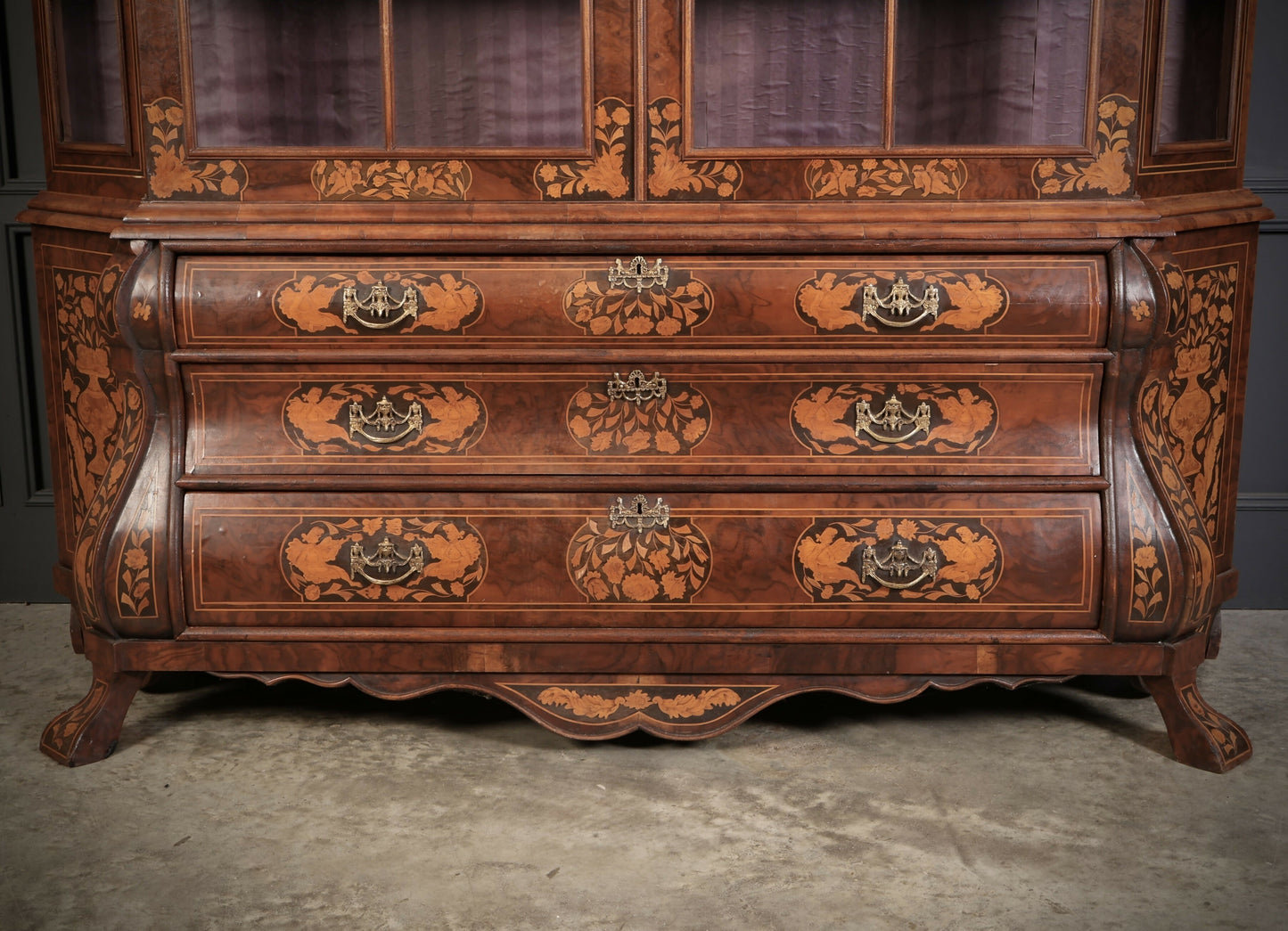 Large Marquetry Inlaid Walnut Bombe Shaped Vintage Cabinet