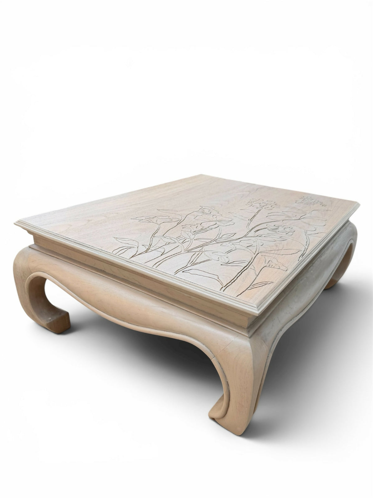Vintage Refinished Solid Wood Coffee Table | Hand-Engraved Floral Design