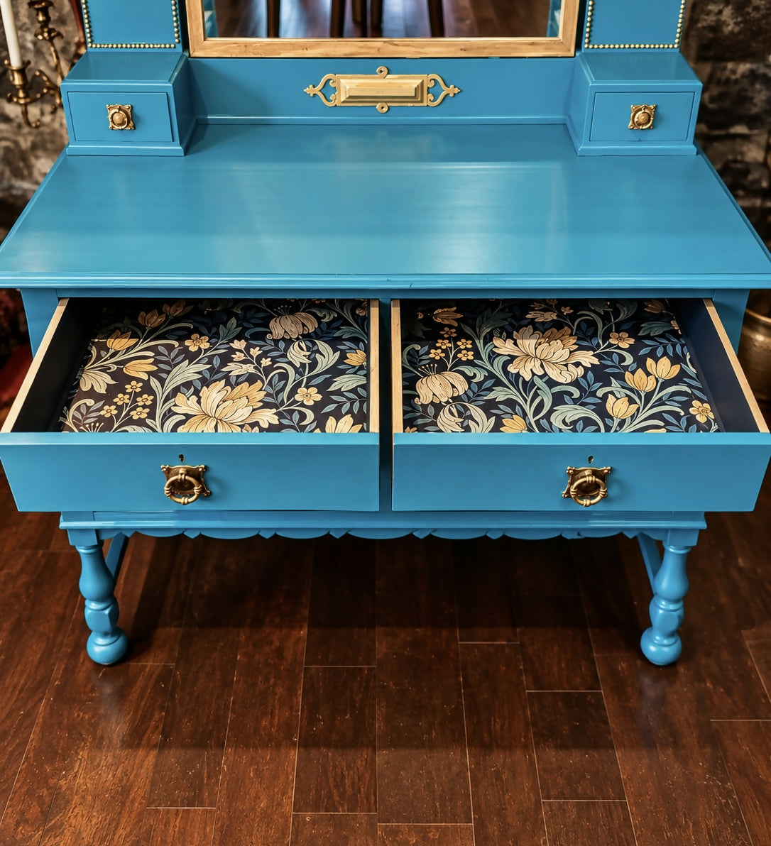 Statement Teal Vintage Dressing Table with Mirror & Mother of Pearl Detail