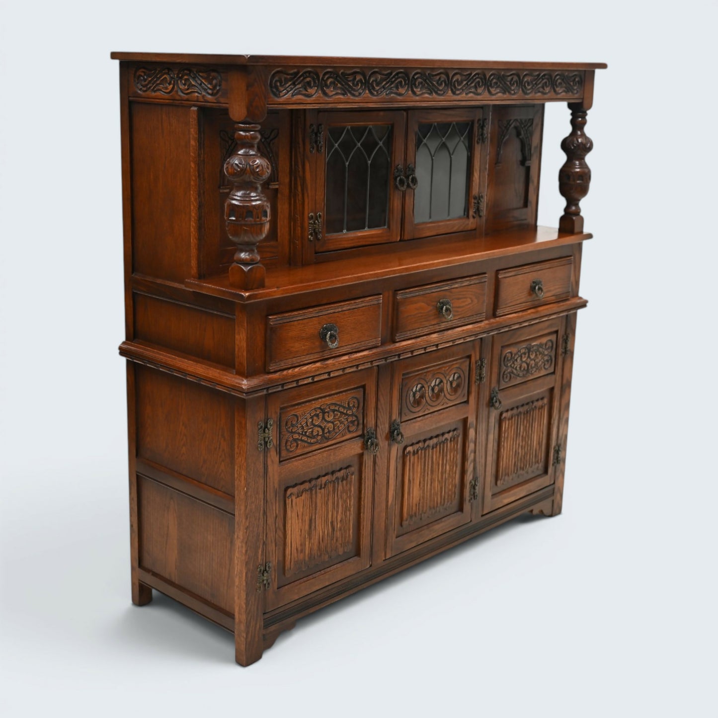 Old Charm Gothic Court Cupboard Buffett Sideboard Light Oak FREE UK Delivery.