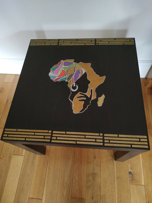 Black table with stunning African woman/map feature -Giving furniture a second life with soul