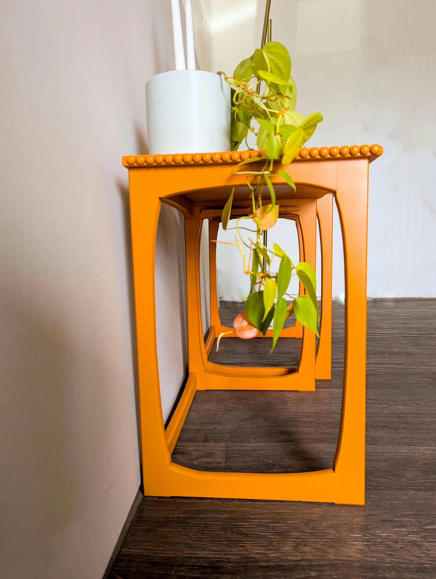 Pair of Bright Orange Side Tables/End Tables with Bobbin Details