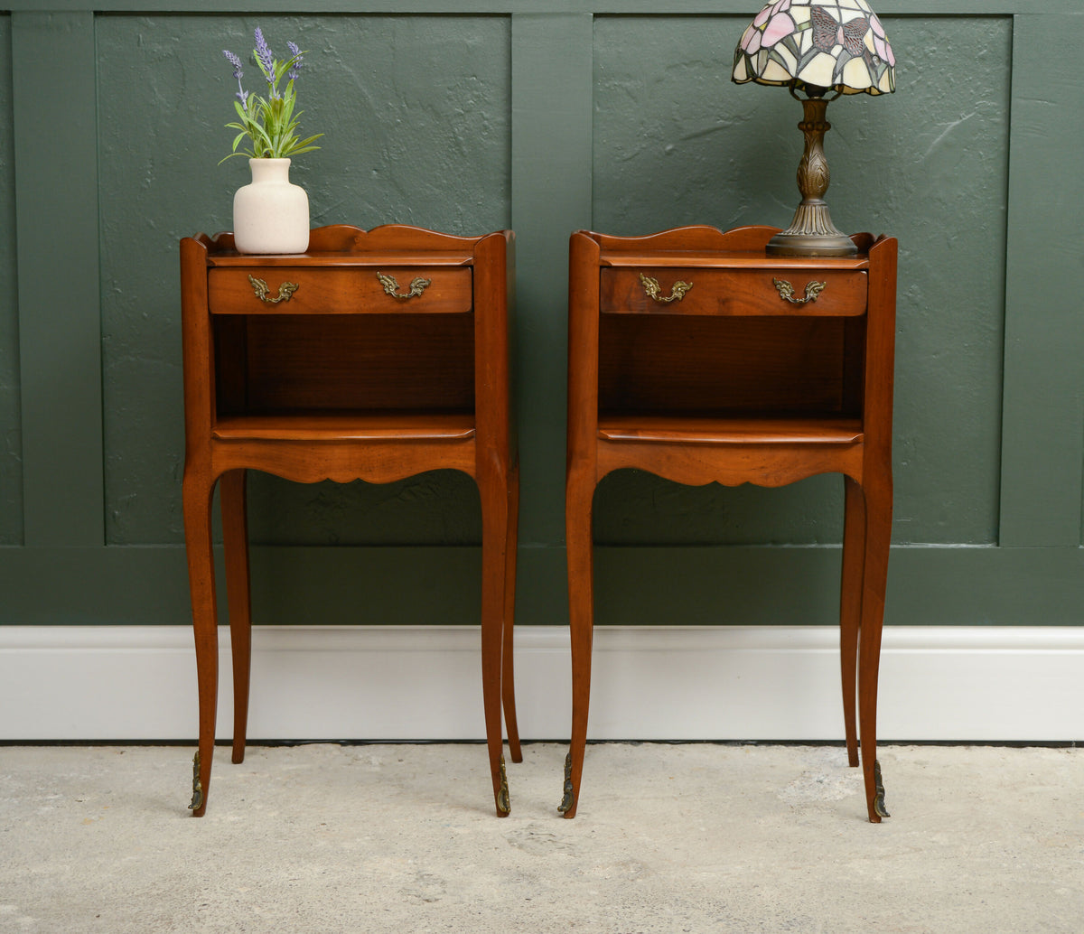Vintage Pair French Bedside Tables - by Jean Laick - Cherry Wood